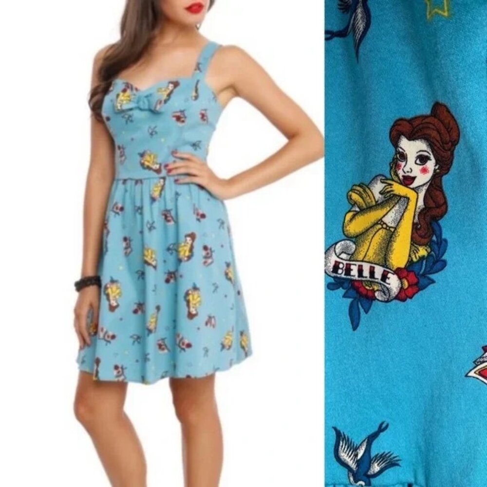 Blue printed dress with Disney’s Beauty and the Beast Belle print sz 12 women's
